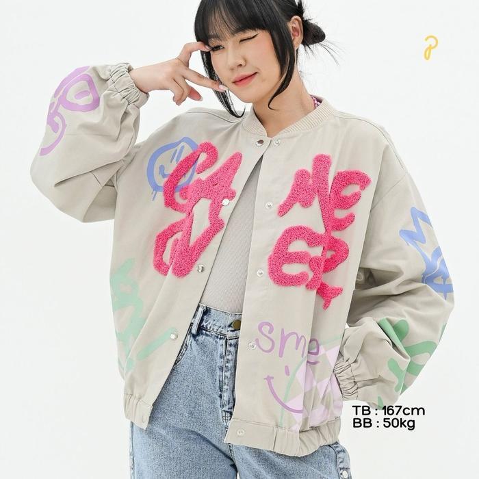 Bisa Cod - Pakepakaii Jacket Main Bomber Jacket Ini Bordir Bulu Hitam Katun Jaket Wanita Abu Coklat 