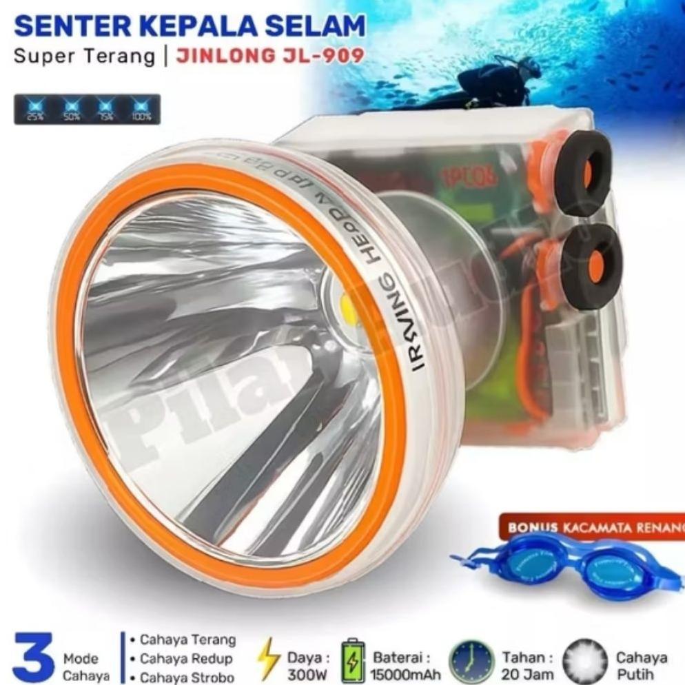 jinlong jl-909 senter kepala menyelam jinlong 300watt cahaya putih + adaptor cass tripod dan kacamat