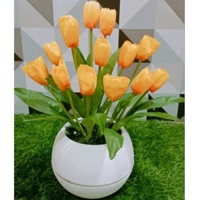 Fiore- Buket Bunga Tulip Artificial Dengan Pot Bola Jumbo Dekorasi Bunga Plastik