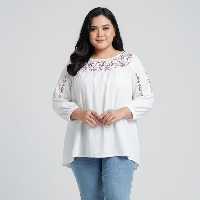 Atasan Jumbo Bordir Anyelir Baju Katun Putih Putih Hitam Wanita Ld. 120 -