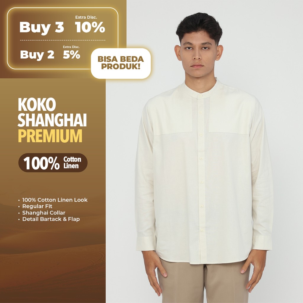Erigo Koko Shanghai Premium Long Sleeve Zayan White - Baju Koko Lengan Panjang Premium Katun Linen U