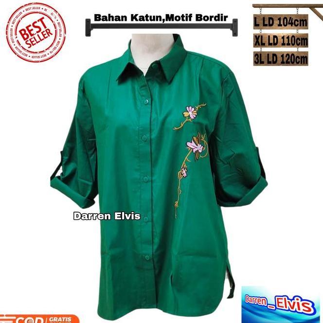 Kemeja Wanita Kemeja Wanita Hijau Botol Hijau Bunga Dua Susun