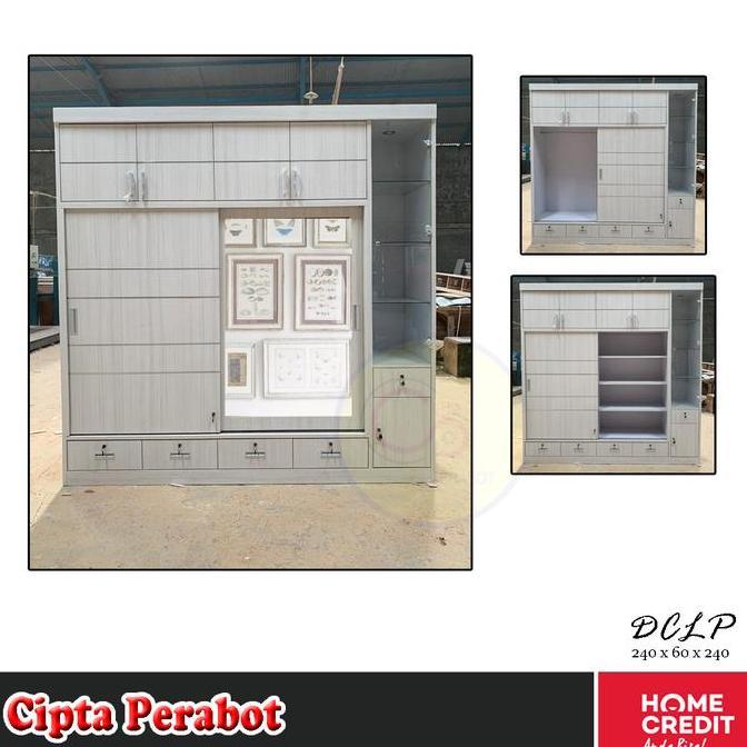 Terlaris Lemari Pakaian Kayu Hpl Jumbo 4 Pintu Dengan Display Cabinet Tesla