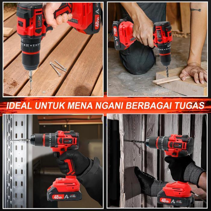 JLD Bor Listrik Baterai 48VF 13MM Chuck 28-80NM 20+3 Kecepatan 0-550/2200RPM Bor Impact Obeng Set Le
