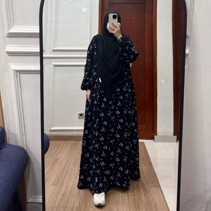Tania Dress Gamis Rayon Viscose Busui Friendly Tanpa Hijab Manset Karet Tangan Semi Balon