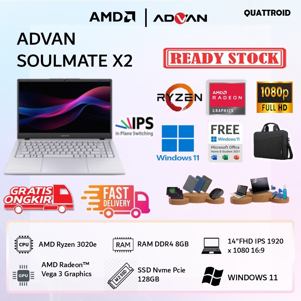 ADVAN SOULMATE X2 AMD 3020 8GB 128GB W11 14" Inch IPS