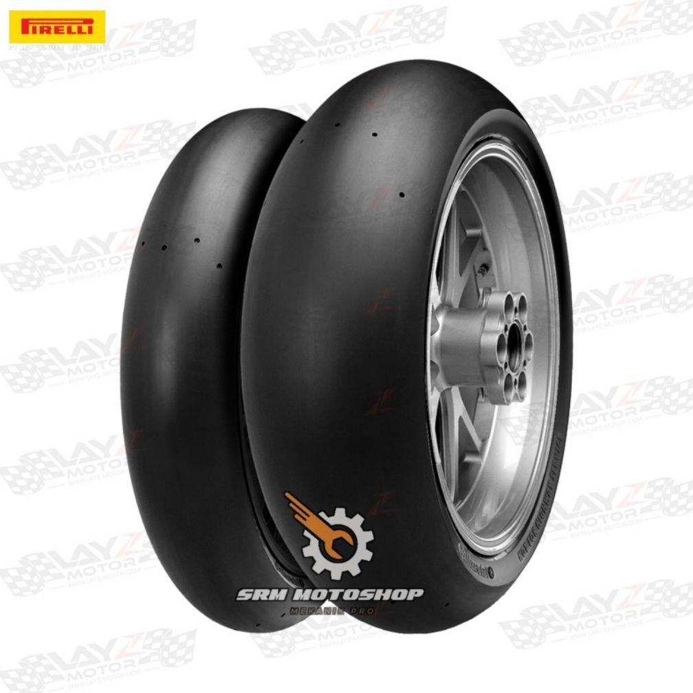 Paket Ban Pirelli 120&140-17 Superbike Slick Tanpa Motif Sepasang Soft Compound TUBLES