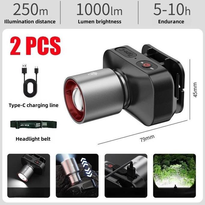 BZSDA SENTER KEPALA 1000 LUMEN Zoom Fokus Penyebaran - 150W New Design Anti Air Dengan USB RechargeP