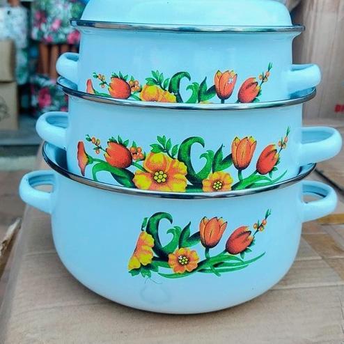 Panci Bunga Calypso 3 Susun / Panci Enamel Bunga Set 3Pcs / Panci Enamel Lurik