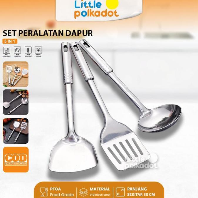 ZCXVC Littlepolkadot 3-in-1 Set Peralatan Dapur Stainless Steel Peralatan Masak Dapur Spatula Sendok