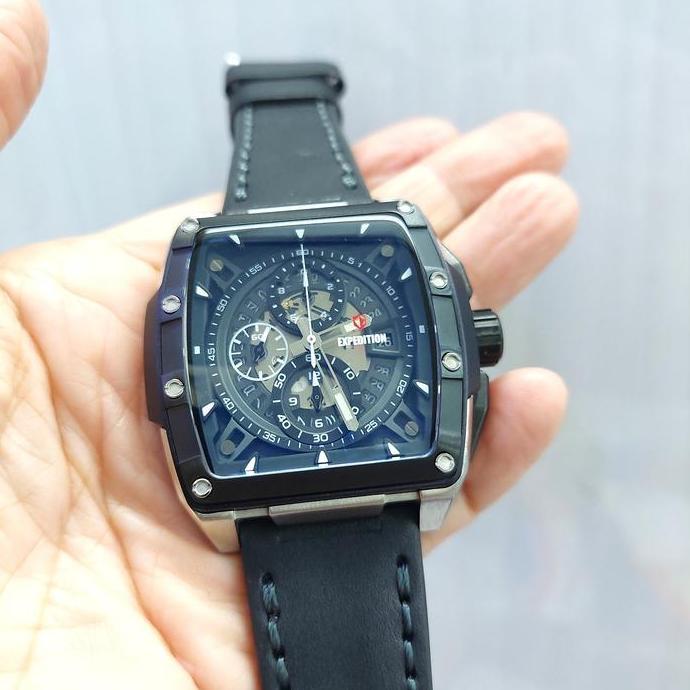 Ready EXPEDITION E6815 E 6815 JAM PRIA ORIGINAL LEATHER STRAP SILVER BLACK