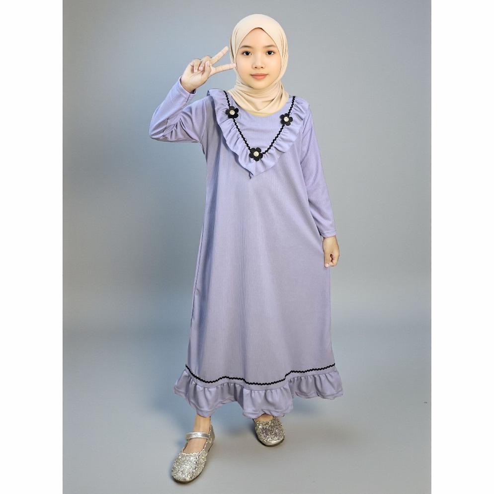 Gamis Anak Perempuan - Gamis Anak Perempuan Nabila Bahan Knit Tempelan Bunga Renda Gogofashion 900