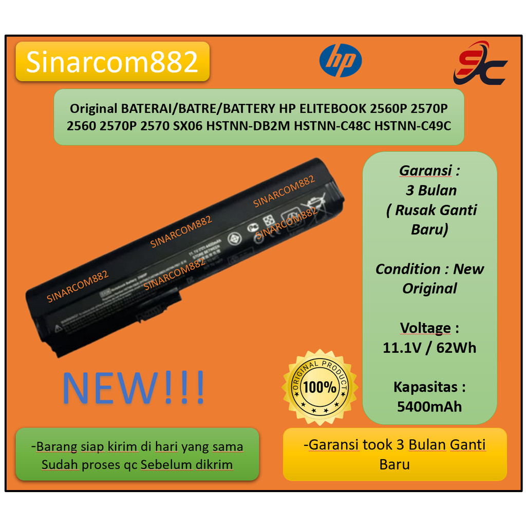 Original BATERAI/BATRE/BATTERY HP ELITEBOOK 2560P 2570P 2560 2570P 2570 SX06 HSTNN-DB2M HSTNN-C48C H