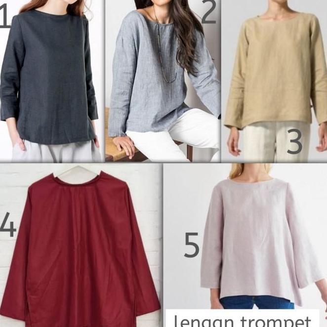 Blus Lengan Full Kain Linen Panjang 7/8 / Wanita Atasan