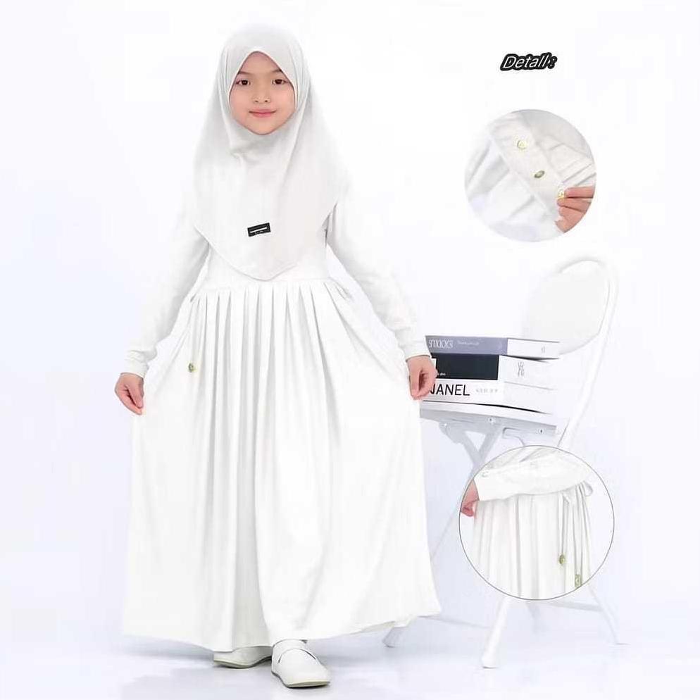 READY STOCK Gamis Anak Jersey INARA Set Hijab Baju Muslim Perepuan 2-12 Tahun Pinggang Serut Tali Hi