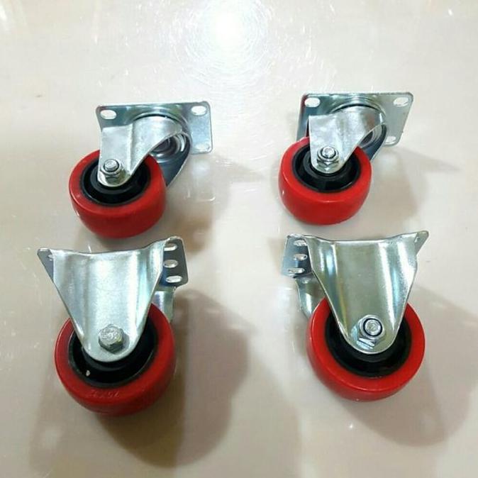 SUPER HEMAT - Roda troli pu merah 3 inch 2 hidup 2 mati roda PU merah 3 inch