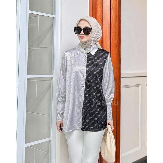 Fanmu Blouse Satin Fanmu Blouse Satin Wanita Biru Wanita/Baju Kemeja Atasan Terbaru