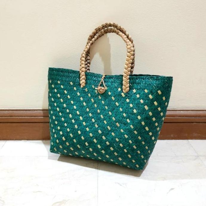 Tas Purun Midi Hijau - Tas Anyaman Purun, Tas Hampers Parcel Souvenir Goodie Bag Hijau Lebaran LS