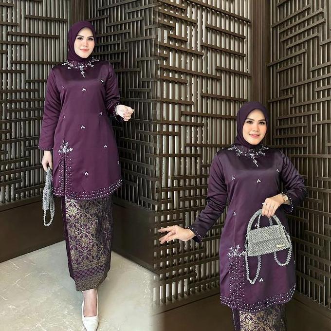 Promo (Free Hijab).. Kebaya Malaysia Model Terbaru Aksen Full Payet Mutiara Tunik Melayu Belah Sampi