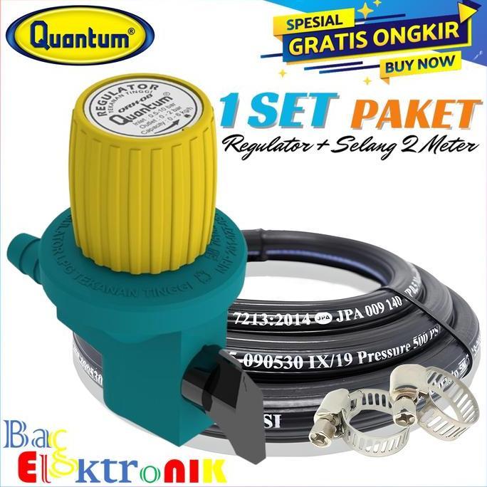 QUANTUM REGULATOR QRH-08 GAS TEKANAN TINGGI NON METER SELANG HITAM 2 METER KLEM SELANG REGULATOR QUA