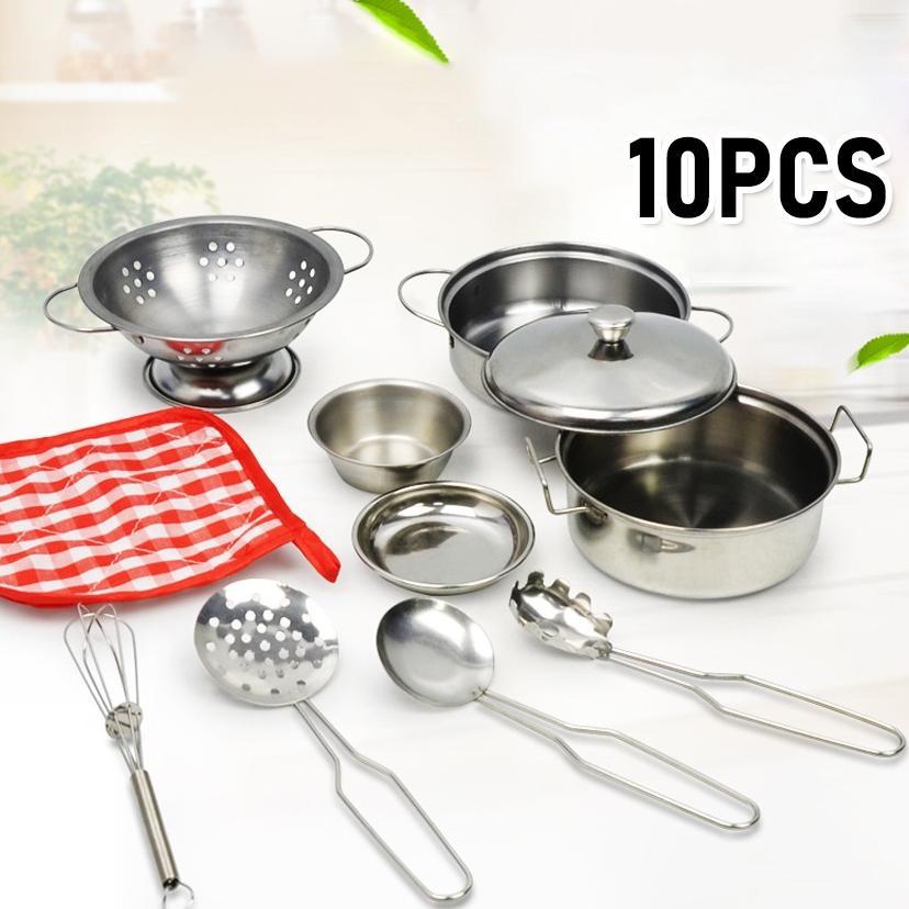 SUPER DEAL 10PCS MAINAN MASAK-MASAK STAINLESS ANAK MAINAN ANAK DAPUR SET STAINLESS KIDS HOUSE KITCHE