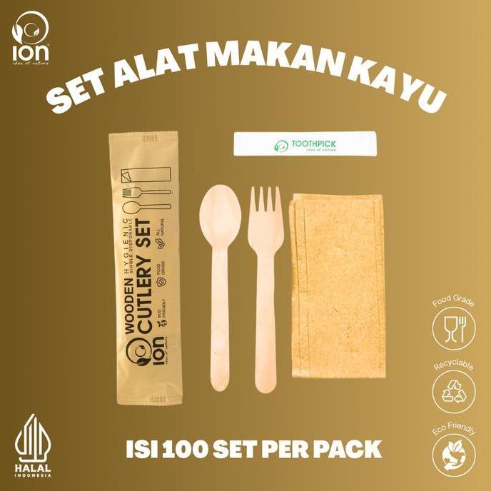 Set Wooden Cutlery (Sendok + Garpu + Tissue) / Cutlery kayu - GROSIR VS