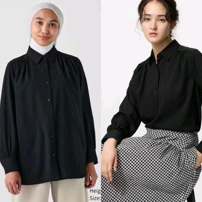 Uniqlo Wanita Kemeja Uniqlo Wanita Kemeja Tunik Hitam Rayon Gathered