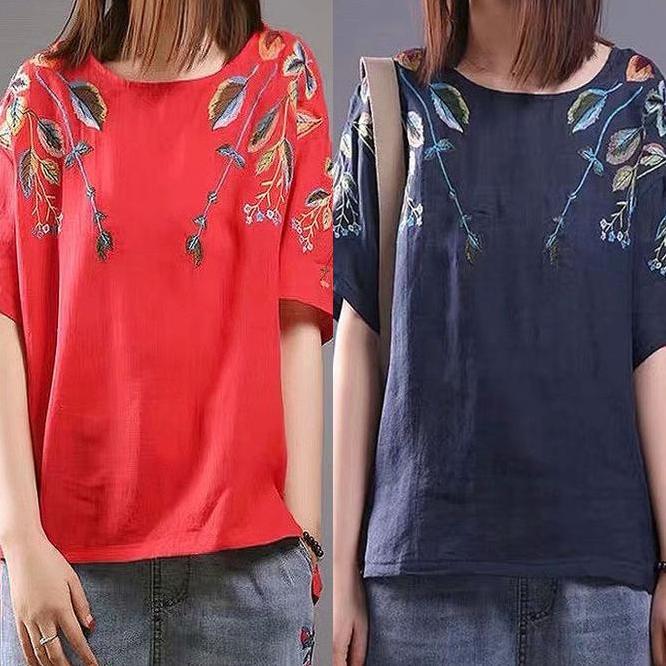 Blus Katun Linen Blus Katun Linen Merah Navy Merah Biru Bahu Lengan Bordir