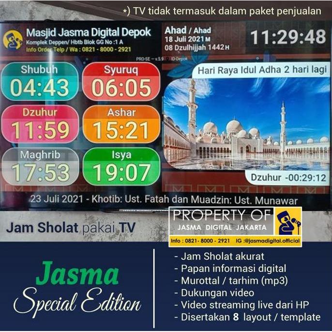 Jasma Versi Spesial Edition Jam Jadwal waktu Sholat Masjid TV LED