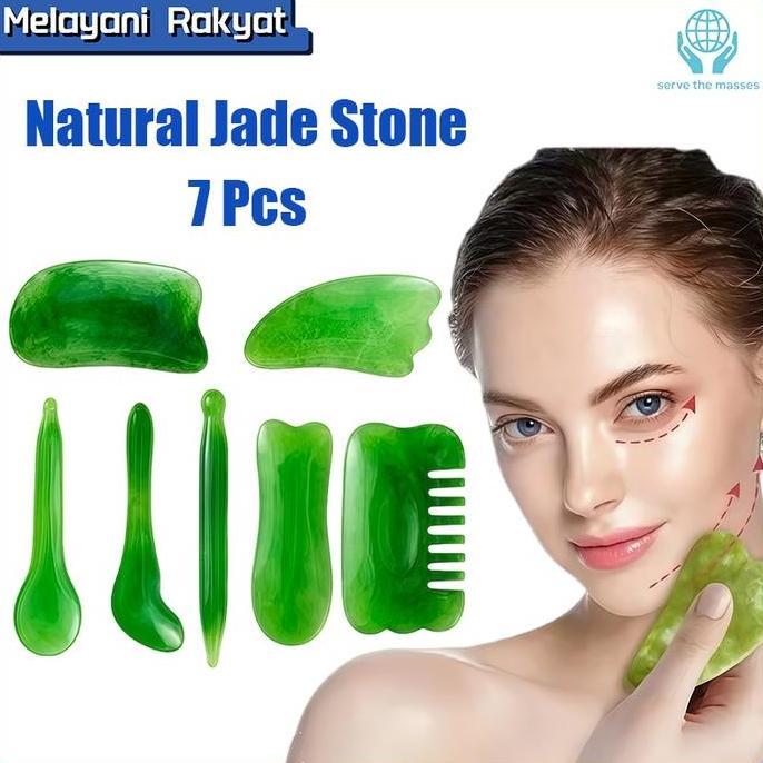 HASQUINE 7Pcs Alat Pijat Wajah Gua Sha Gua Sha Board Batu Jade Giok Asli Alami Massage Massager Ston