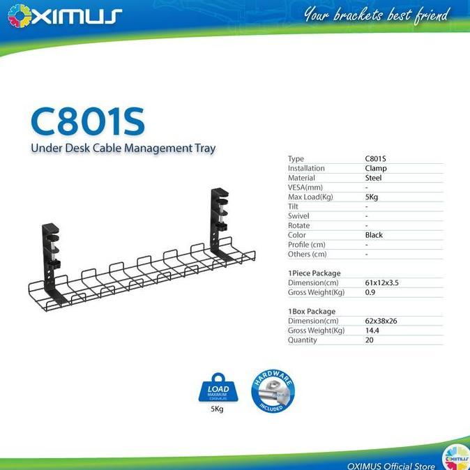 Oximus C801 Compact Clamp-On Under-Desk Cable Management Tray Rak Kabel Meja Jepit Tanpa Bor, Pemasa