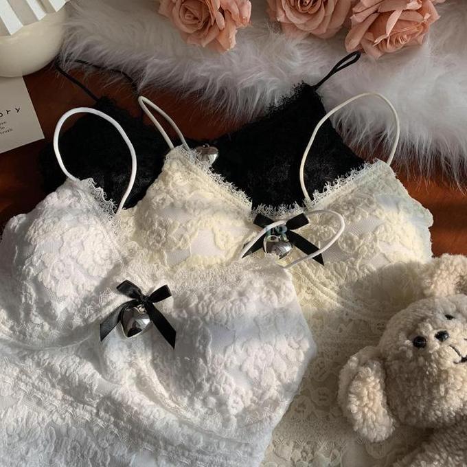 AZBOMO LNR Shop Tanktop Full Brukat Dengan Lonceng Love dan Pita ada Cup Pad Bra Busa Empuk Import L