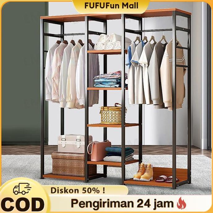 RACERPO FUFU Lemari Gantungan Baju Multifungsi Rak Penyimpanan Pakaian Kayu dan Besi - Hemat Ruang, 