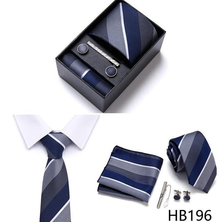 Dasi Set silk 8cm Set Cufflink Saputangan Jas Box NAVY BIRU MUDA BLUE BIRU DONGKER murah