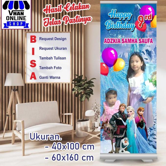 Ready  Design Banner Spanduk MMT Ulang Tahun Anak Dengan Motif Frozen