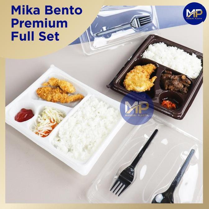Lansungkirim- Mika Box Bento 4 Sekat Premium Full + Sendok Garpu Set 4 Putih Ecer Grosir