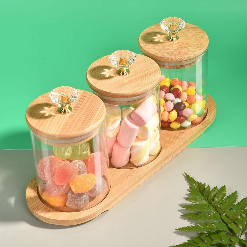 [MS] TEMPAT BUMBU / CANDY JAR / TOPLES KACA DIAMOND 3IN1 DENGAN NAMPAN KAYU