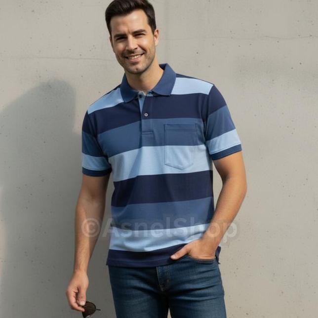 Kaos Kerah Lengan Pendek Motif Salur Pria Dewasa 2026 Baju Wangki Garis Balok Bapak Orang Tua Polosh