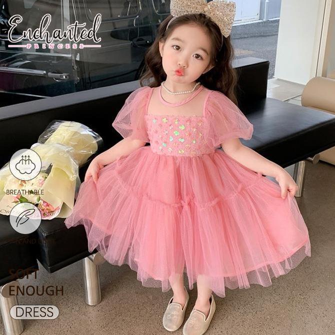 FLASH SALE - [Enchanted Princess] 2-9 tahun Gaun Pesta Anak Perempuan Pink Cerah Payet Kristal Lenga