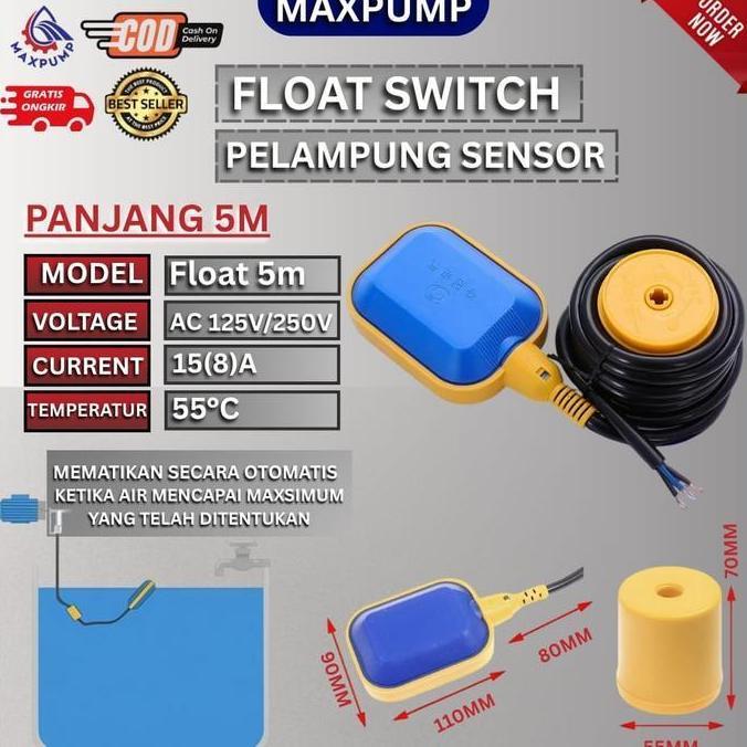 TERLARIS MAXPUMP FLOAT SWITCH YORK 5 MTR KABEL OTOMATIS POMPA CELUP DAN TOREN AIR OTOMATIS POMPA CEL
