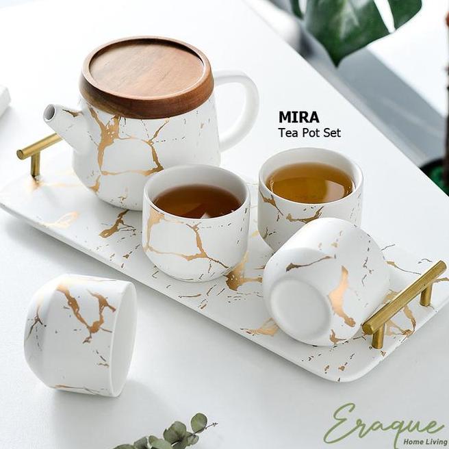Mira Tea Pot Set Teko Gelas Cangkir Teh Kopi Set Keramik Marble Kado Gift
