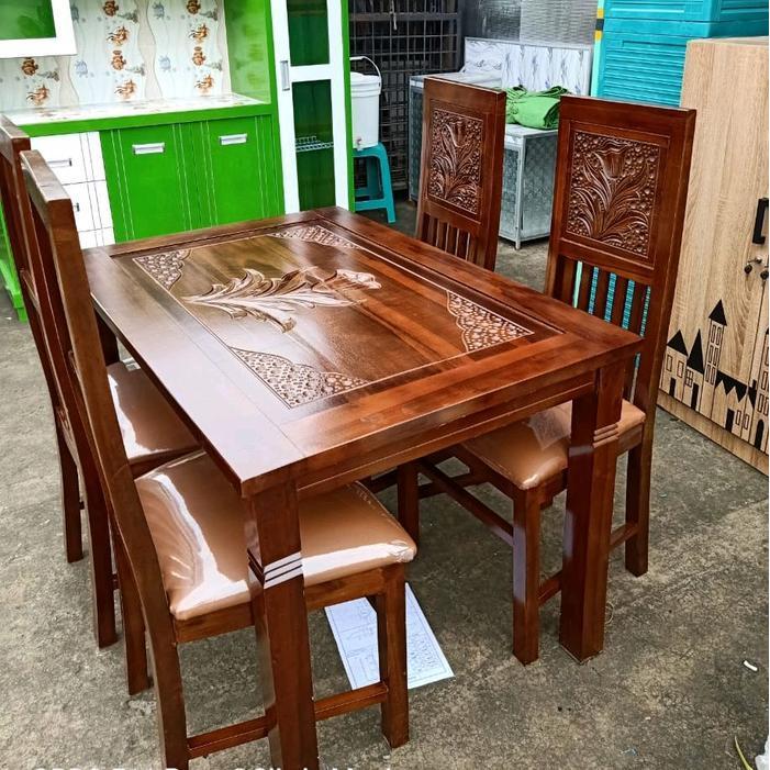 Meja makan kayu jati ukiran minimalis 4 kursi / Meja makan kayu ukiran plust kaca 4 kursi