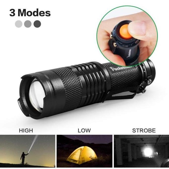 Pocketman Senter LED Flashlight Police SWAT Mini Zoom Camping Anti Air