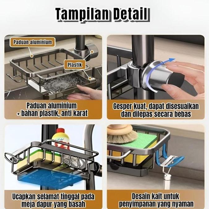 Rak Organizer Wastafel Dapur Tempat Sabun Spons Rak Aluminium Penyimpanan Tempat Kain Pencuci Piring