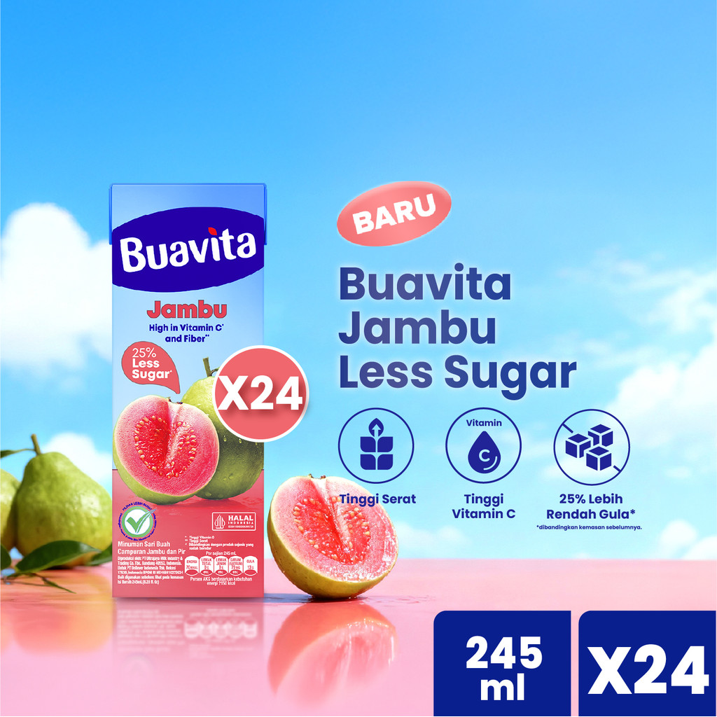 BUAVITA GUAVA Jus Buah Jambu 245ml - Minuman Kaya Vitamin C, 25% Lebih Rendah Gula, dan Tinggi Serat