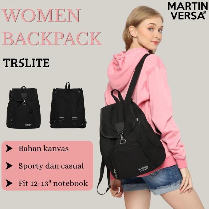 Tas Ransel Wanita TR5LITE Canvas Polos Hitam Martin Versa Backpack Polos