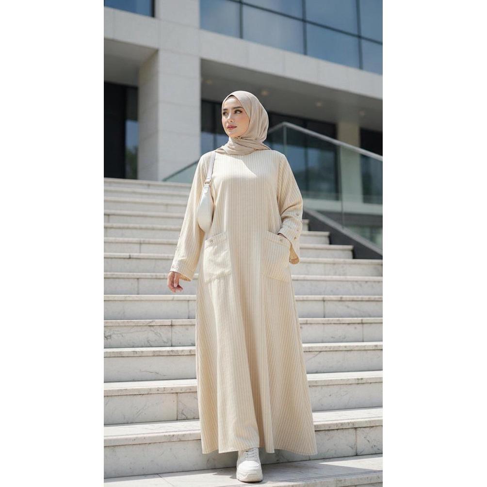 Premium Abaya Salur Strip Gamis Motif Salur Semiwoll Busui