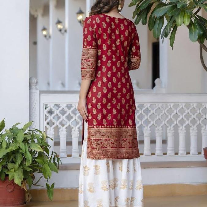 Laqueens Surhi sharara set maroon red gold white putih merah kurta baju India kurti kondangan mewah 