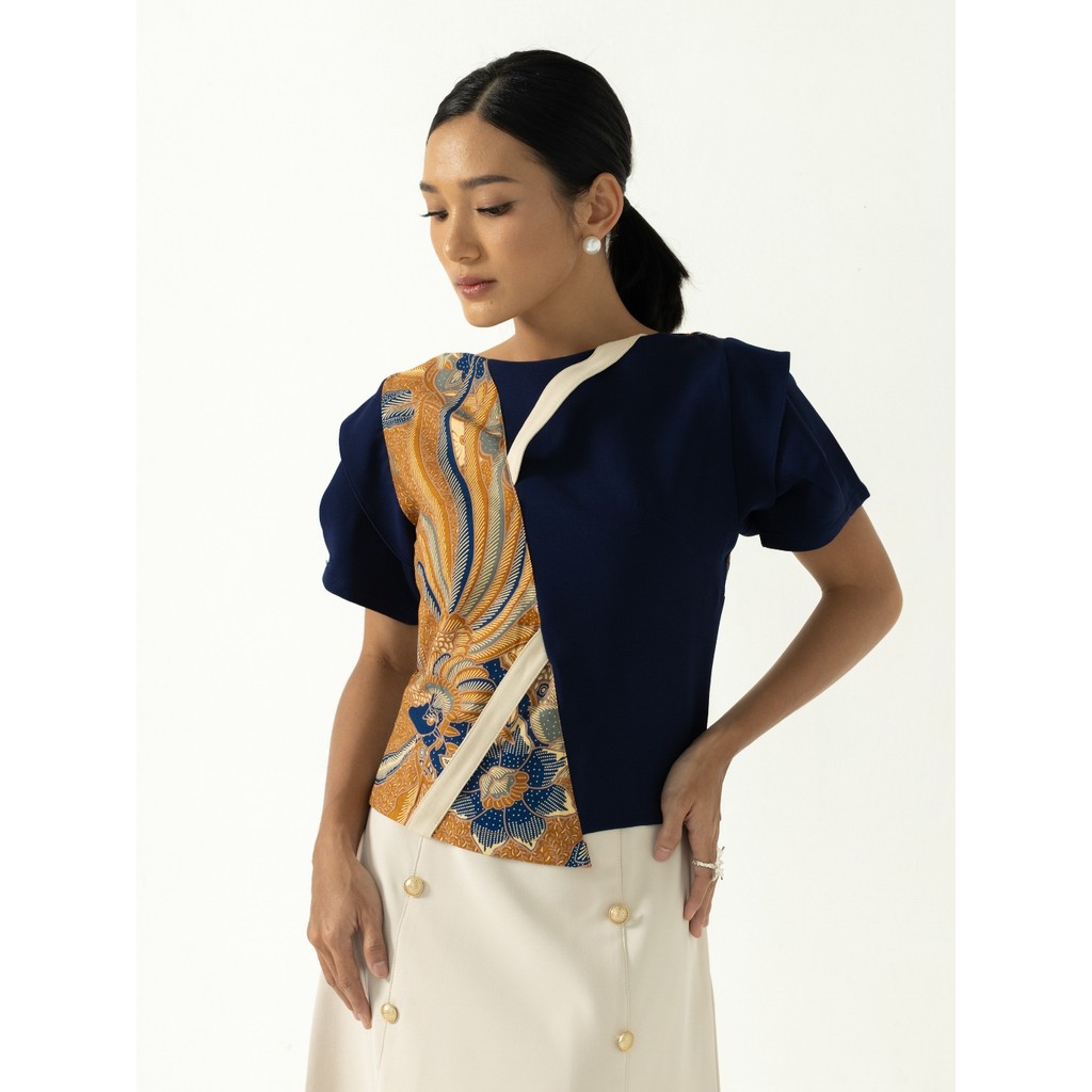 Melvee Batik - Naresa Top - Atasan Blouse Navy Batik Kerja Wanita Kekinian