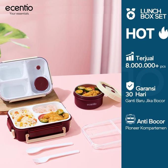 New Ecentio Set Kotak Makan Bento & Mangkuk Stainless 304 Lunch Box 3 Sekat Kotak Bulat Anti Bocor T